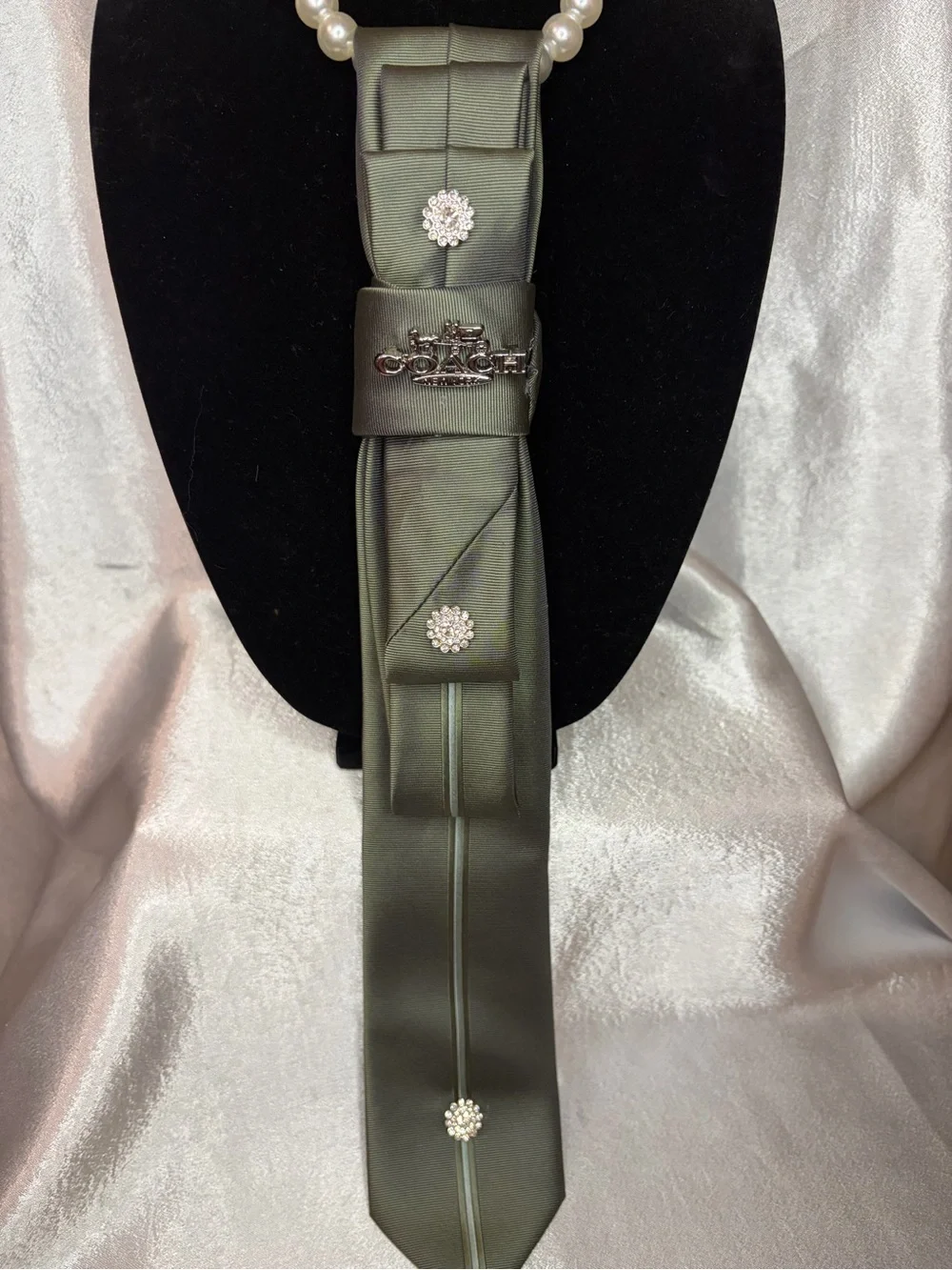 Express Olive Green Satin Tie with Rhinestone Accents